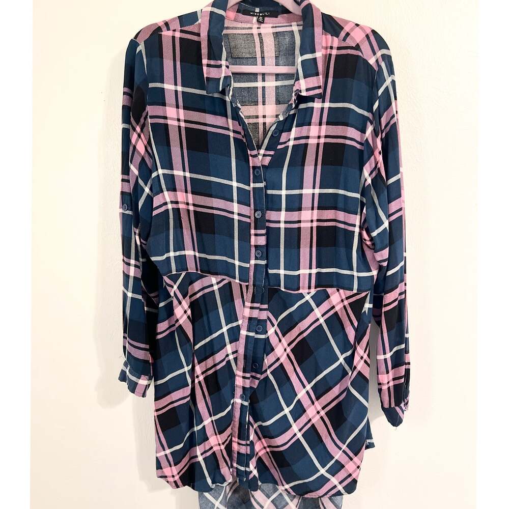Plus Women's Navy Multi Plaid Long Sleeve Button Front Roll Tab Shirt Size XXL